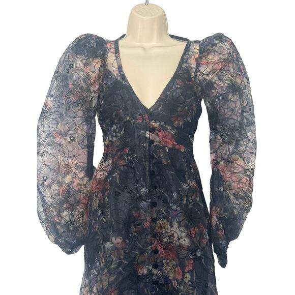 For Love & Lemons Sophia Sheer Puff Sleeve Midi Dress Black Navy Floral XS - Picture 9 of 14
